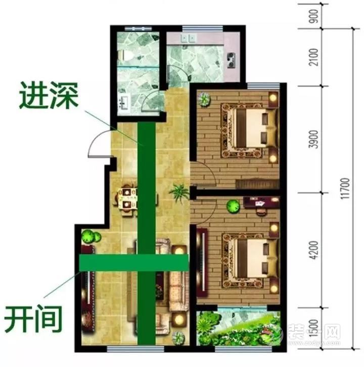 也可根據房間門的朝向來確定開間和進深,房門進入的方向的距離為